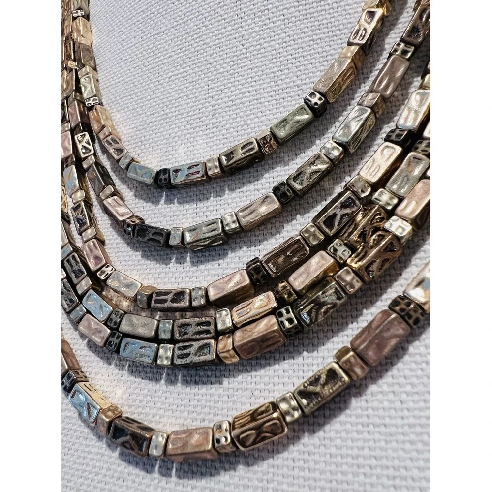 Chico's Vintage Gold Tone Multi Strand Statement Necklace Textured Block Bead